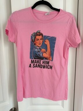 Pink Graphic Tee with Rosie-style 'Make Him A Sandwich' Print